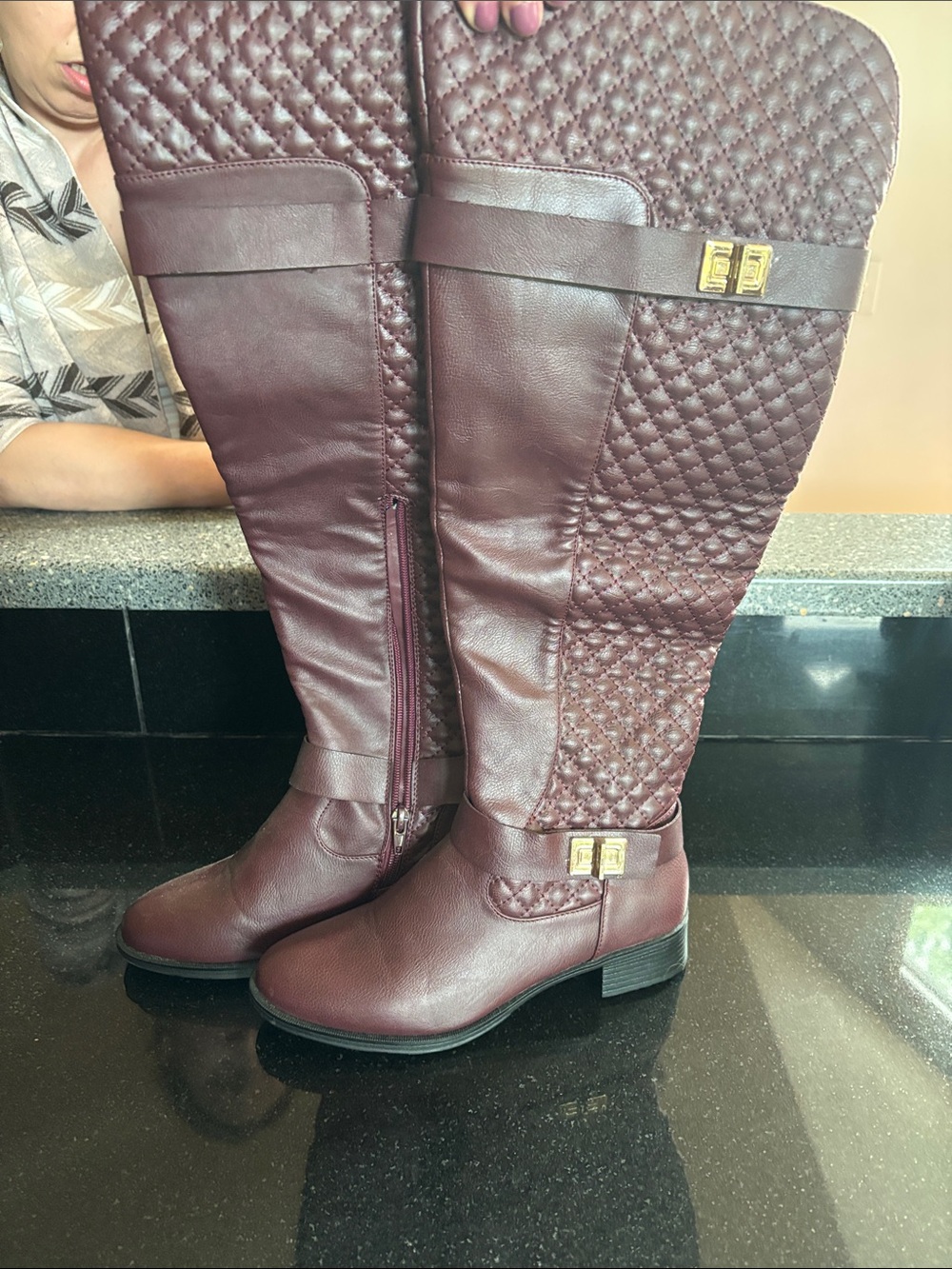 Over-the-Knee Quilted Riding Boots in Burgundy